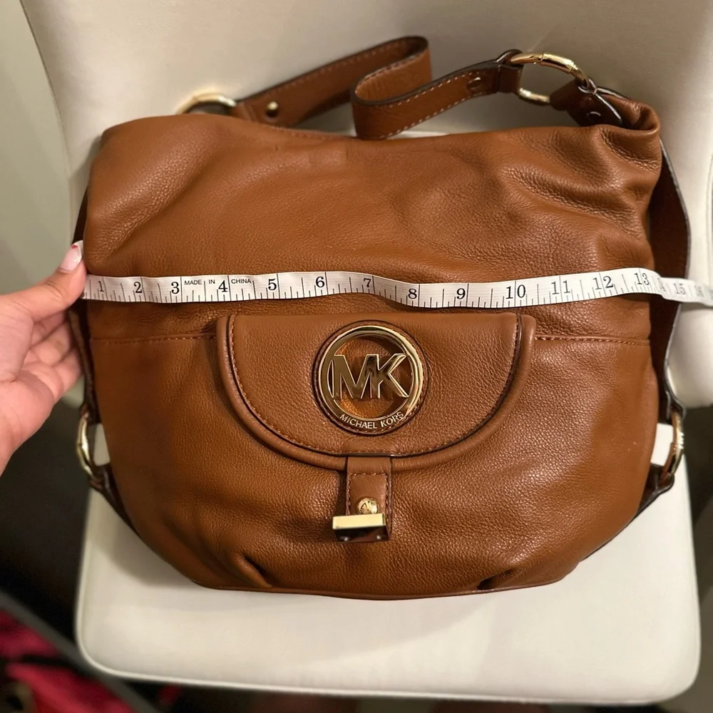 Michael Kors Brown Pebbled Leather Fulton Hobo Bag with Logo Flap Front Pocket